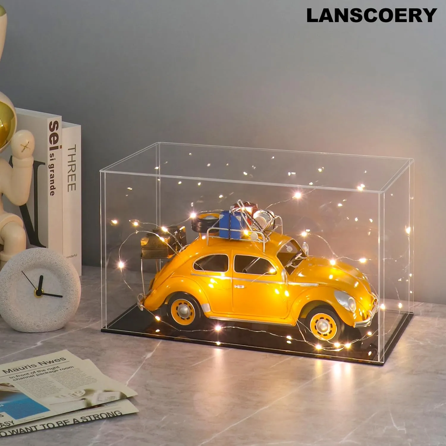 LANSCOERY Clear Acrylic Display Case, Assemble Horizontal Display Box Stand with Black Base, Dustproof Protection Showcase for Collectibles Memorabilia Figurines (14x11x11inch;36x28x28cm)
