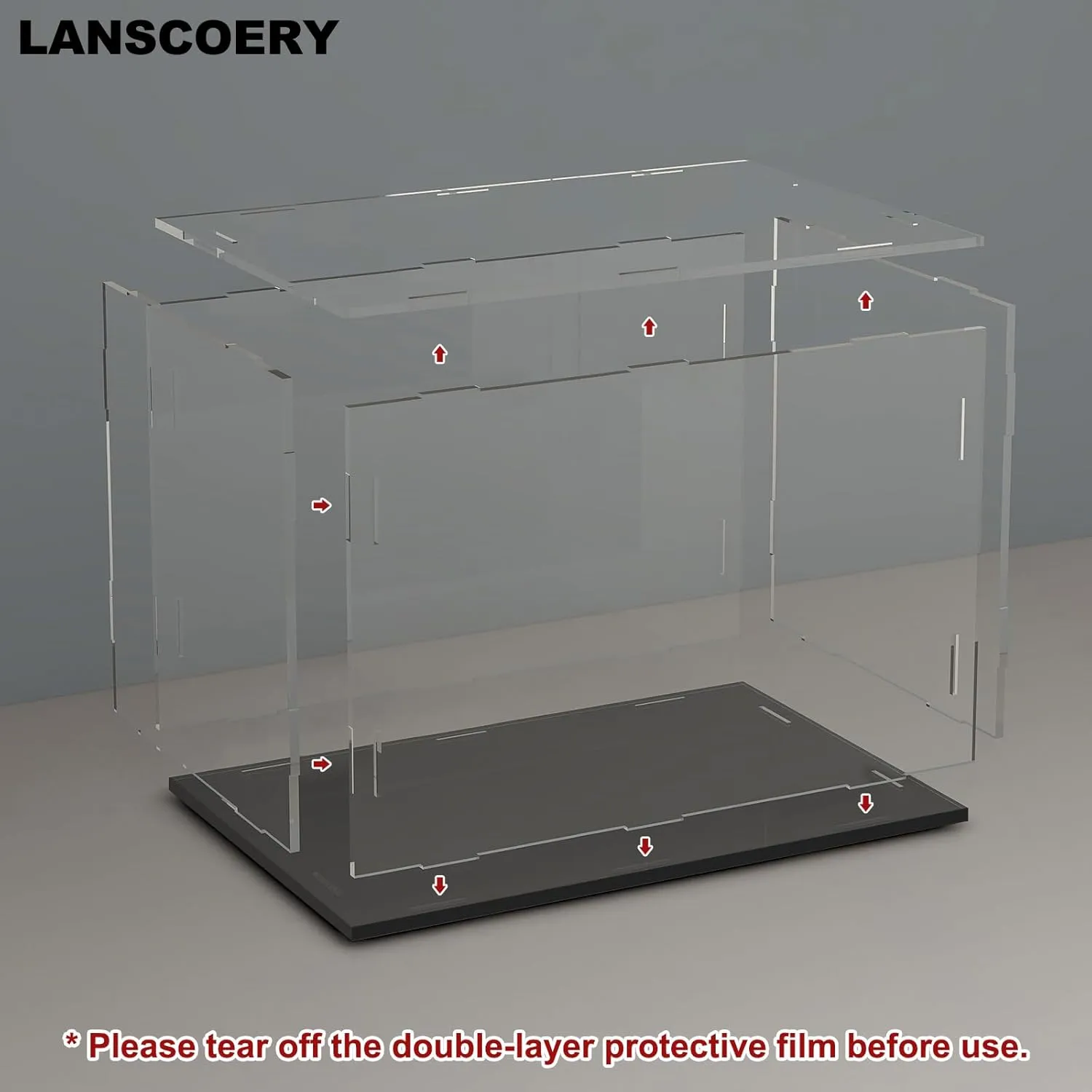 LANSCOERY Clear Acrylic Display Case, Assemble Horizontal Display Box Stand with Black Base, Dustproof Protection Showcase for Collectibles Memorabilia Figurines (14x11x11inch;36x28x28cm)