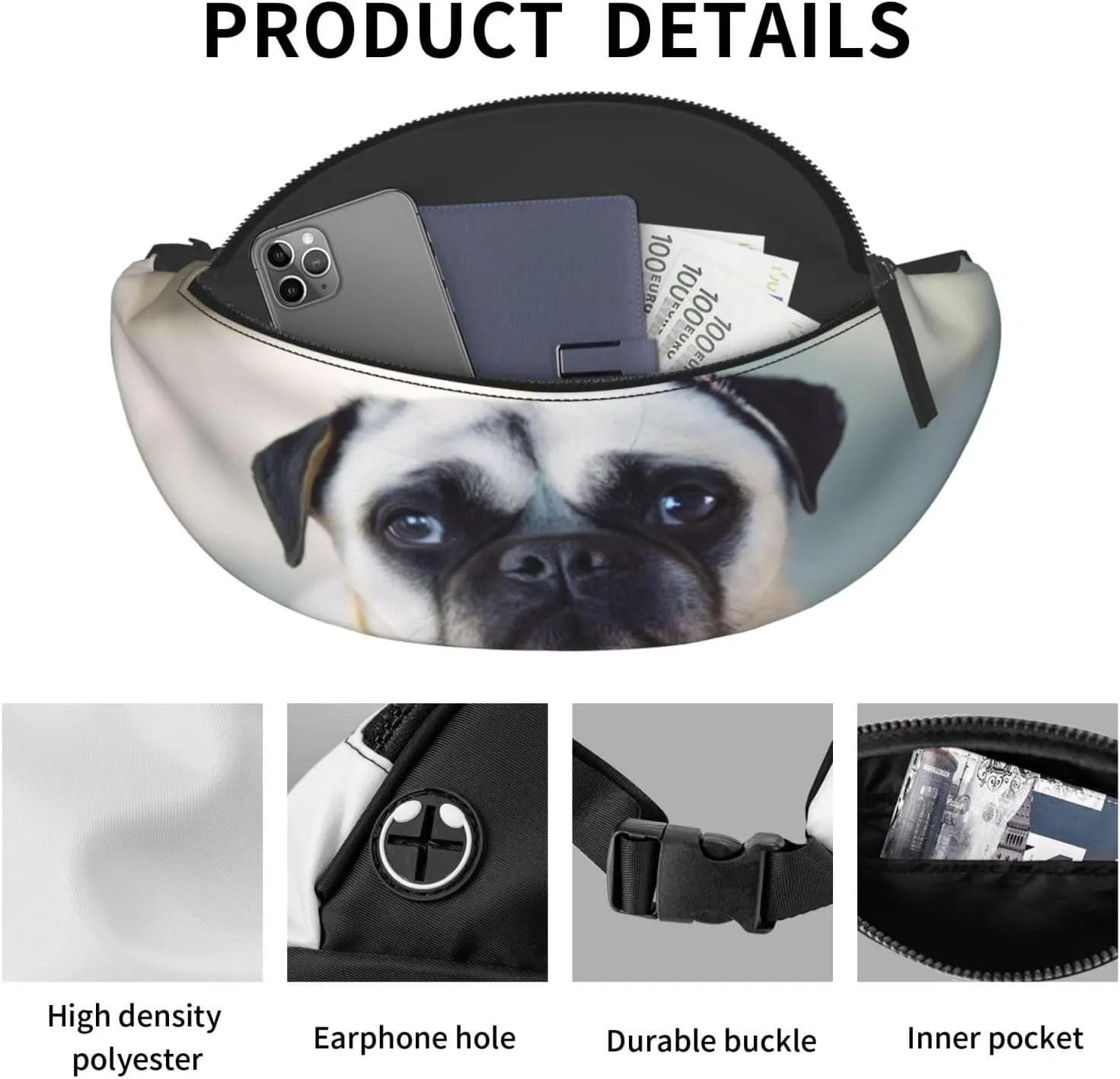 Large Bum Bag Cry Pug Waist Fanny Pack For Men Women,Bumbags With Headphone Jack And Zip Pockets Adjustable Belt For Sport Running Hiking Camping Workout Cycling