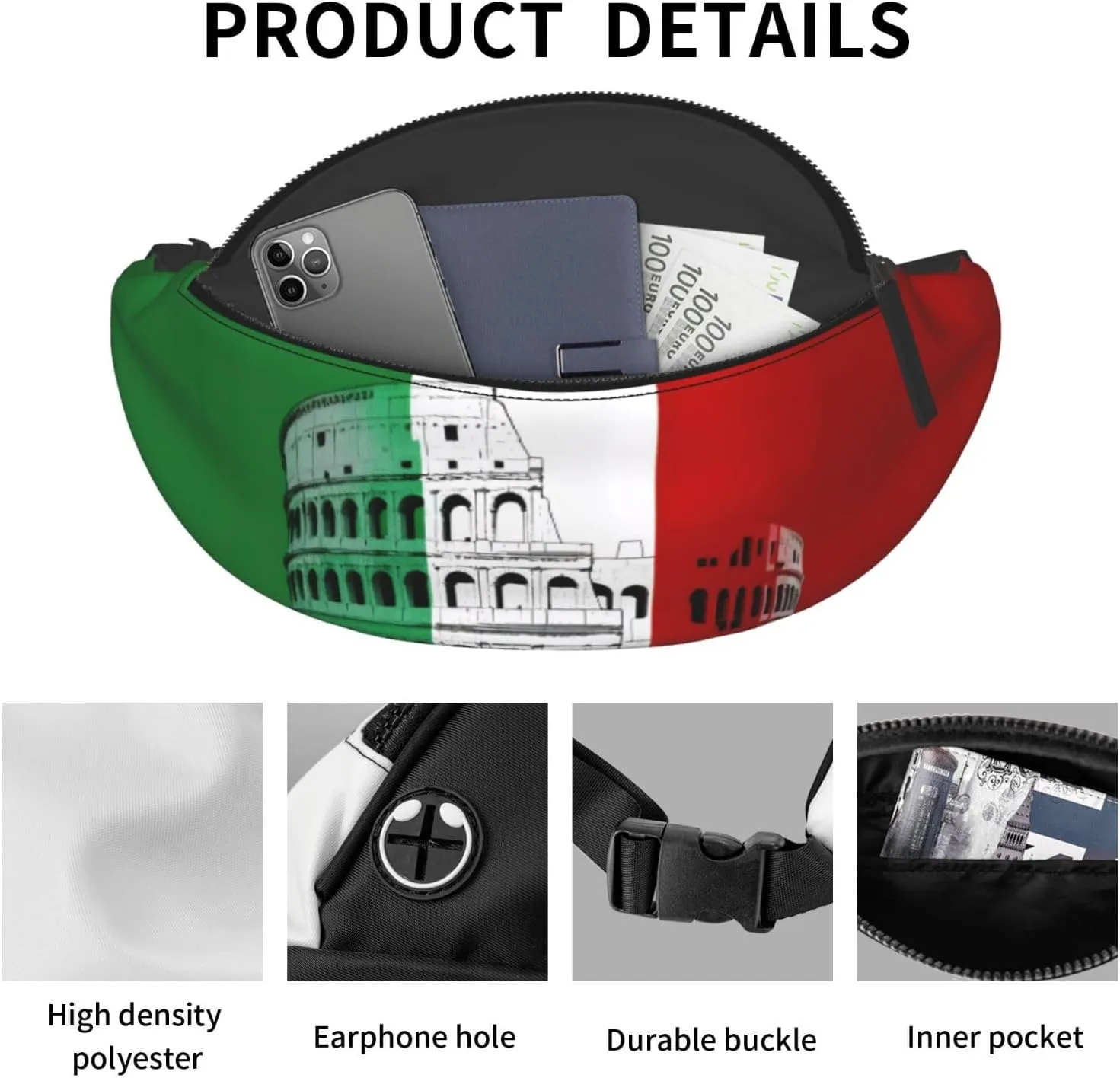 Large Bum Bag Roman Colosseum Italian Flag Waist Fanny Pack For Men Women,Bumbags With Headphone Jack And Zip Pockets Adjustable Belt For Sport Running Hiking Camping Workout Cycling