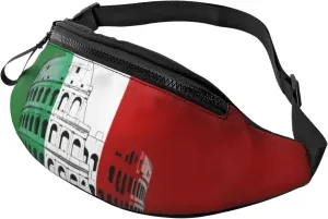 Large Bum Bag Roman Colosseum Italian Flag Waist Fanny Pack For Men Women,Bumbags With Headphone Jack And Zip Pockets Adjustable Belt For Sport Running Hiking Camping Workout Cycling