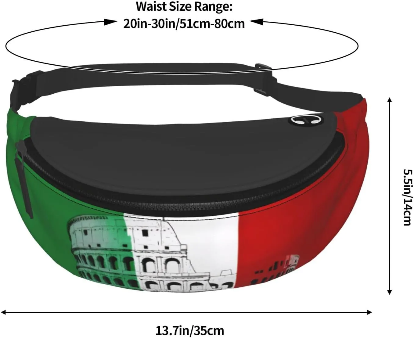 Large Bum Bag Roman Colosseum Italian Flag Waist Fanny Pack For Men Women,Bumbags With Headphone Jack And Zip Pockets Adjustable Belt For Sport Running Hiking Camping Workout Cycling