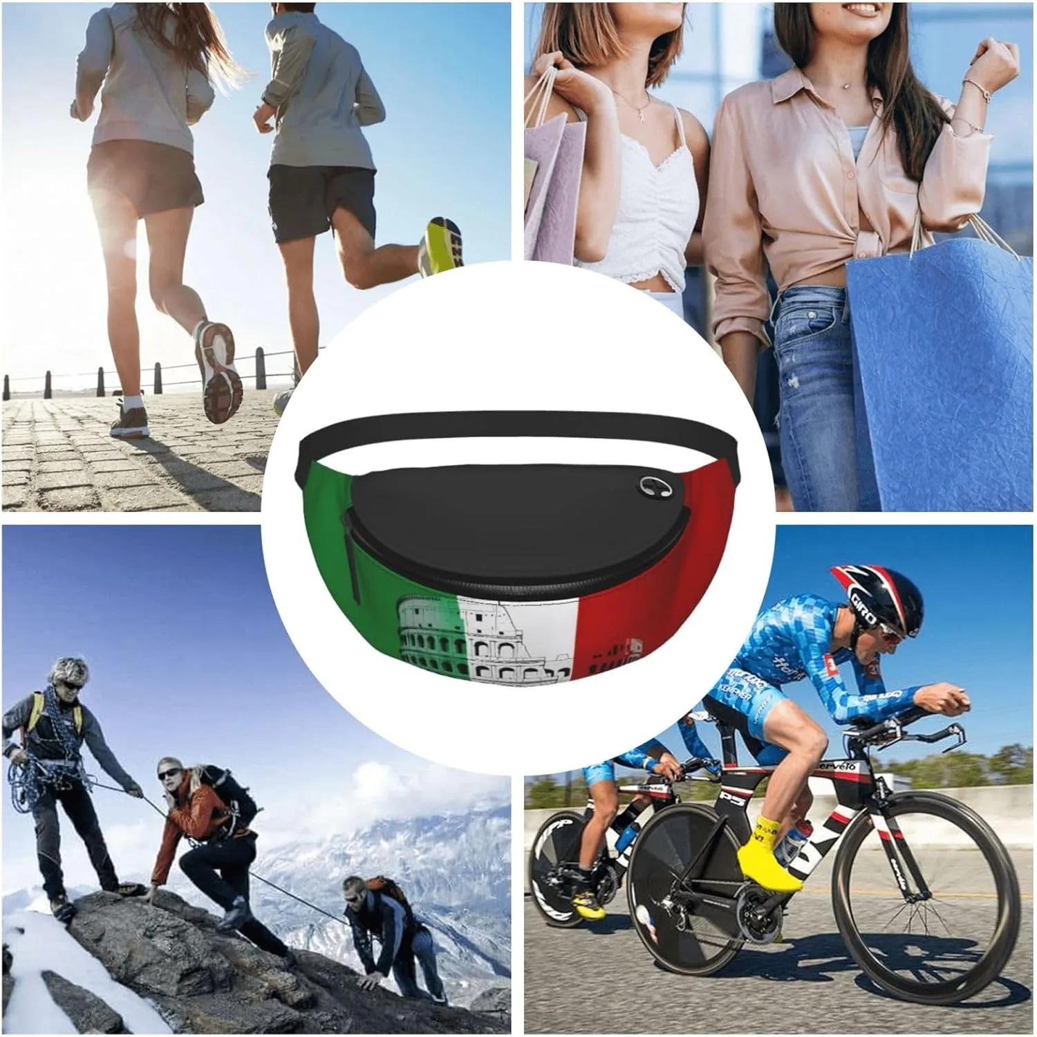 Large Bum Bag Roman Colosseum Italian Flag Waist Fanny Pack For Men Women,Bumbags With Headphone Jack And Zip Pockets Adjustable Belt For Sport Running Hiking Camping Workout Cycling