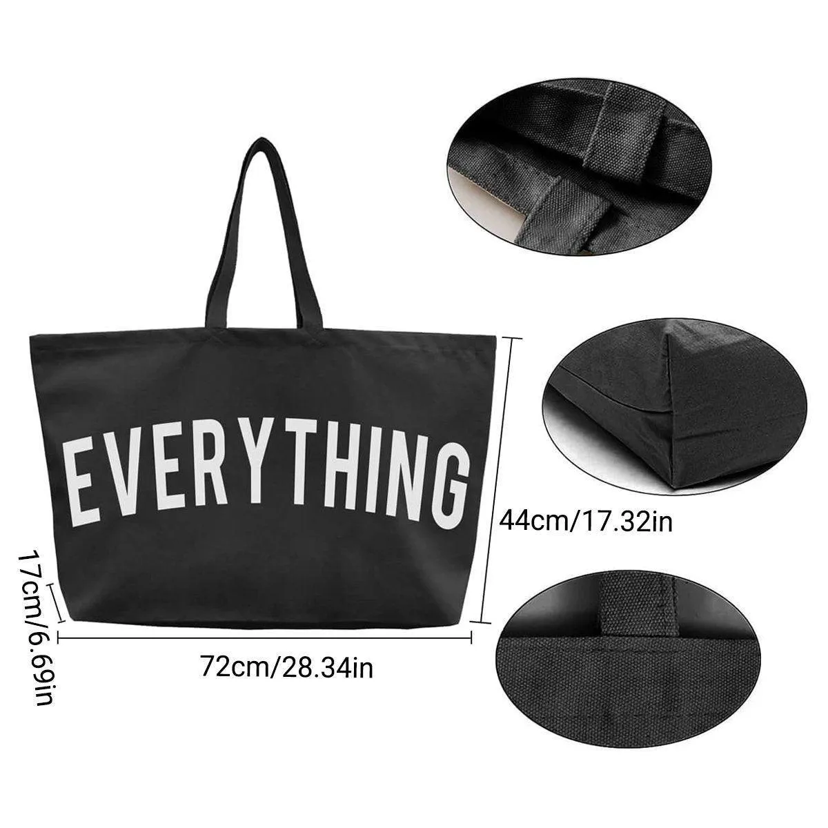 Large Canvas Black Tote Bag Reusable Shoulder Shopping Travel Bag