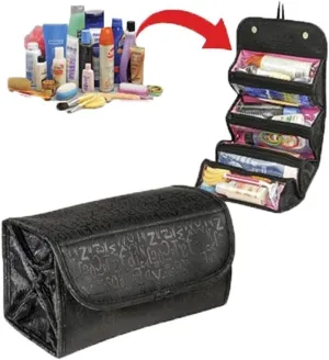 Large Capacity 4-Layer Roll-up Travel Storage Bag Foldable Toiletry Bags Organizer Cosmetic Makeup Bag Pouch with a Flexible Hanging Hook (Black)