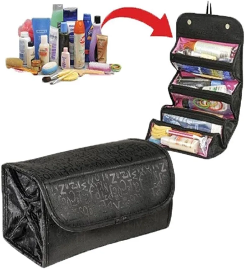 Large Capacity 4-Layer Roll-up Travel Storage Bag Foldable Toiletry Bags Organizer Cosmetic Makeup Bag Pouch with a Flexible Hanging Hook (Black)