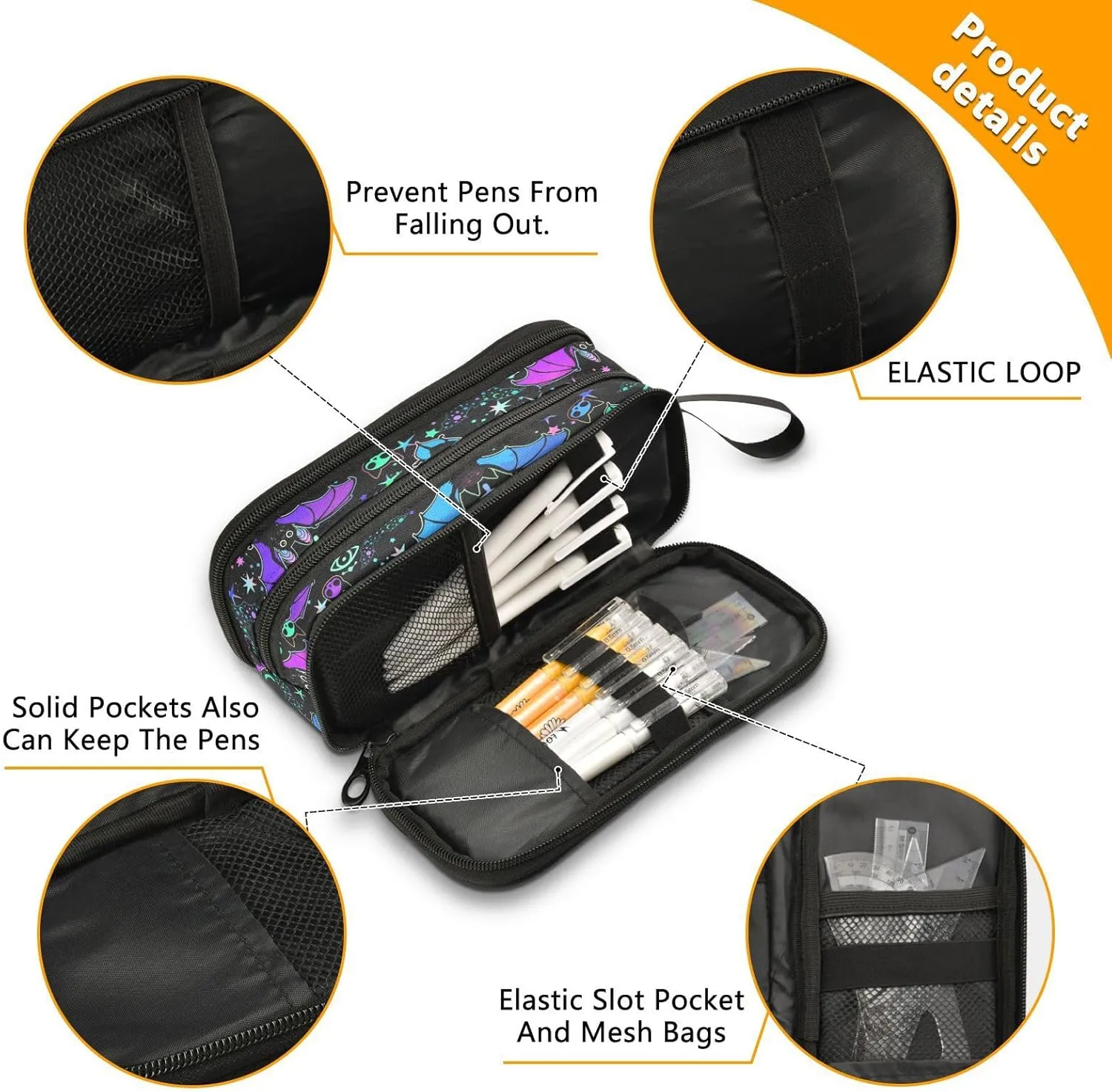 Large Capacity Pencil Case Pencil Pouch Office School Large Storage Pen Bag 3 Compartment pencil box for Adults School Teen Girl Boy Men Women (Bat Magic)