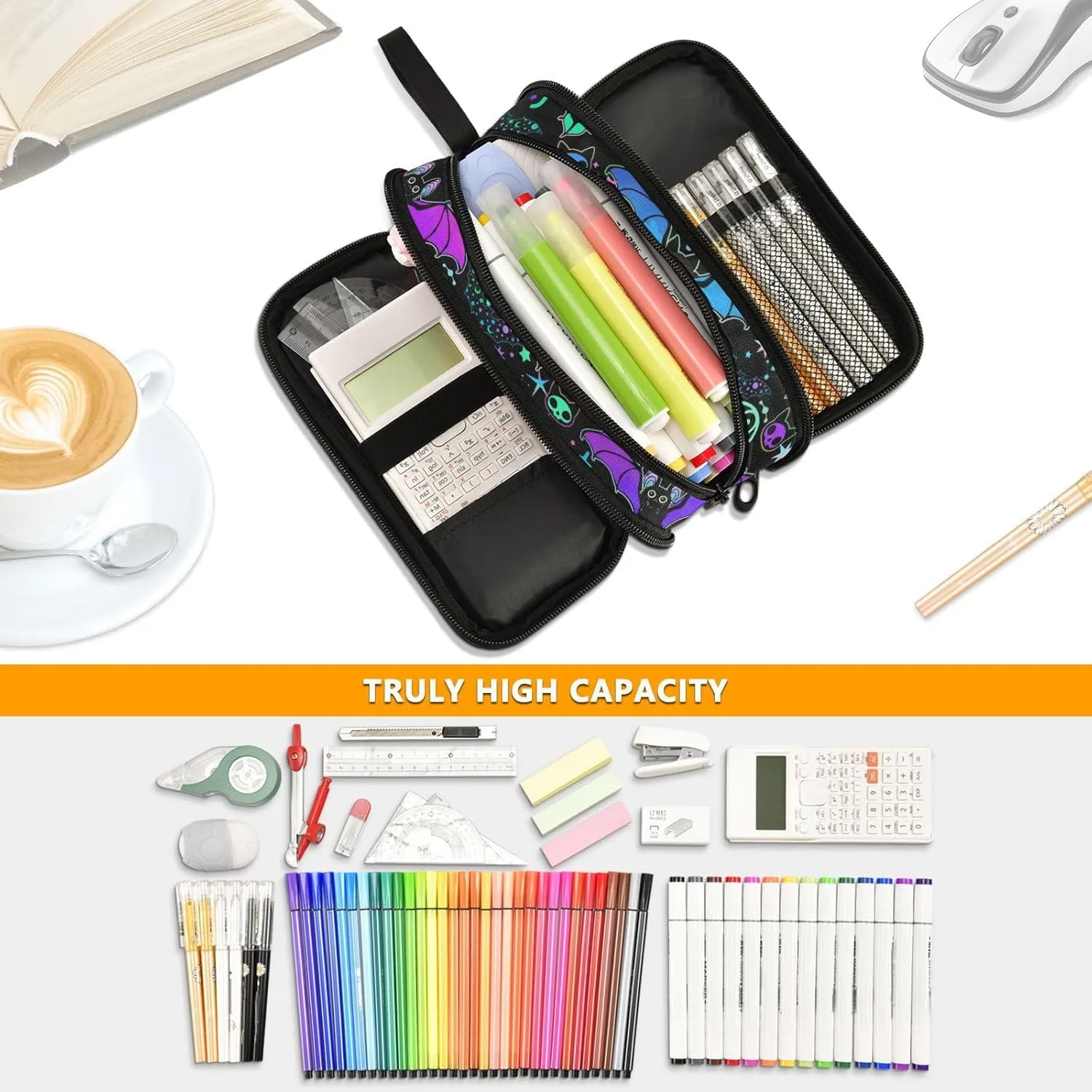 Large Capacity Pencil Case Pencil Pouch Office School Large Storage Pen Bag 3 Compartment pencil box for Adults School Teen Girl Boy Men Women (Bat Magic)