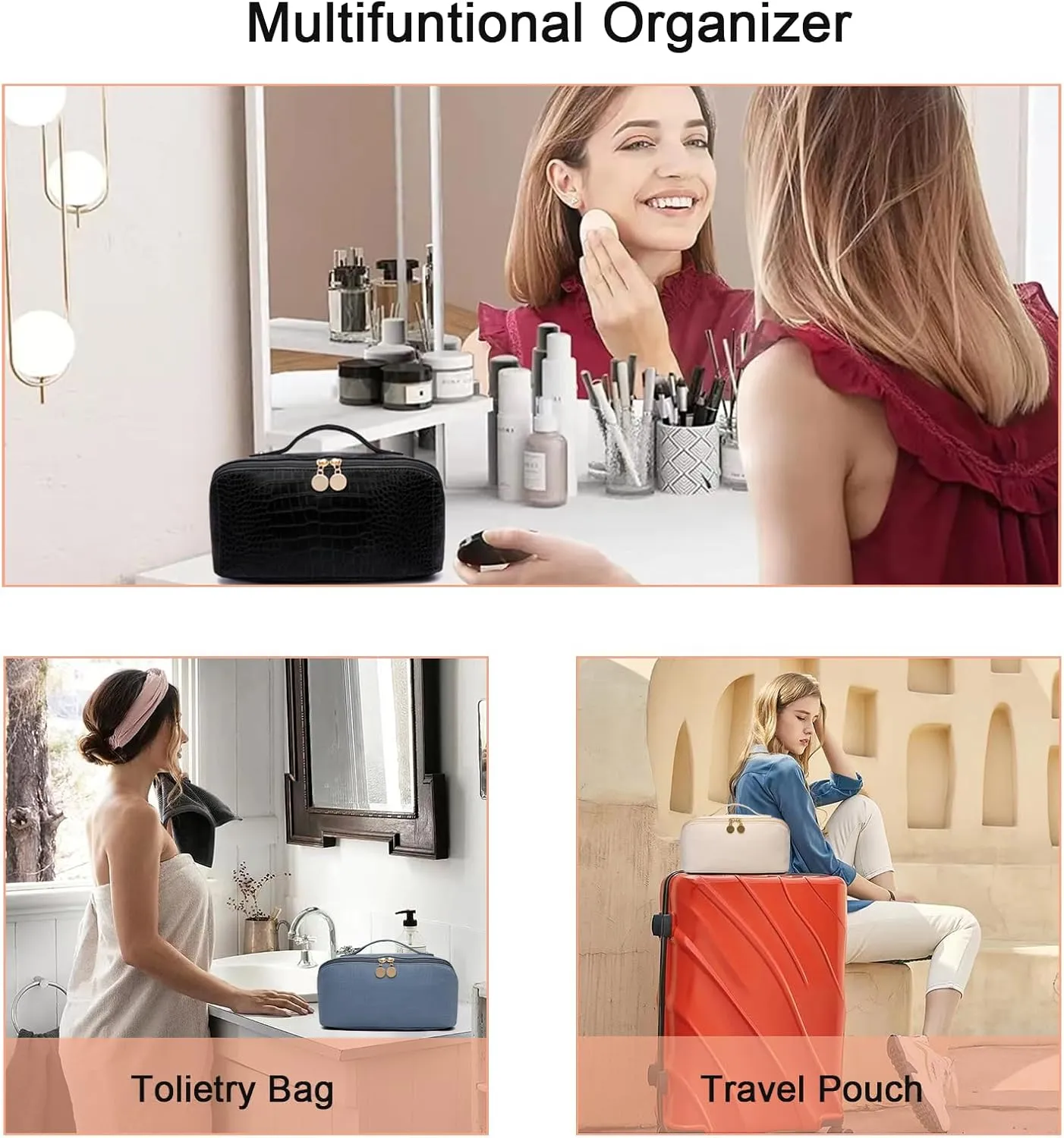Large Capacity Travel Cosmetic Bag, Portable Leather Makeup Bags for Women, Travel Toiletry Bag Waterproof Leather Makeup Organizer Bag, Roomy Cosmetic Bag for Women and Girls