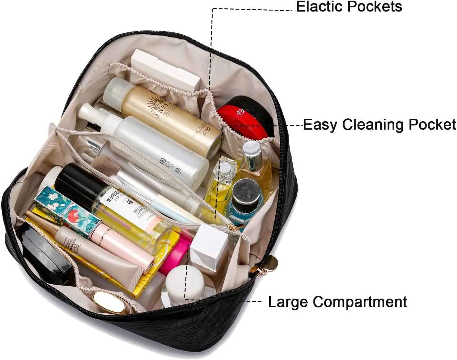 Large Capacity Travel Cosmetic Bag, Portable Leather Makeup Bags for Women, Travel Toiletry Bag Waterproof Leather Makeup Organizer Bag, Roomy Cosmetic Bag for Women and Girls