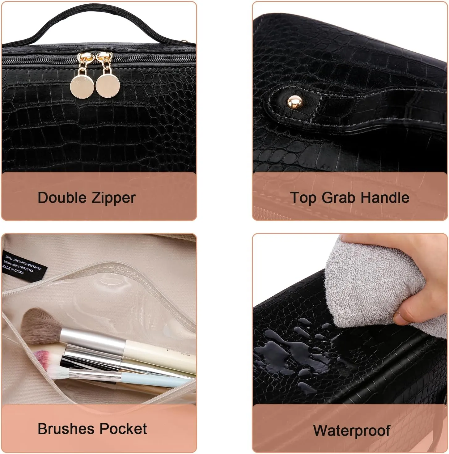 Large Capacity Travel Cosmetic Bag, Portable Leather Makeup Bags for Women, Travel Toiletry Bag Waterproof Leather Makeup Organizer Bag, Roomy Cosmetic Bag for Women and Girls