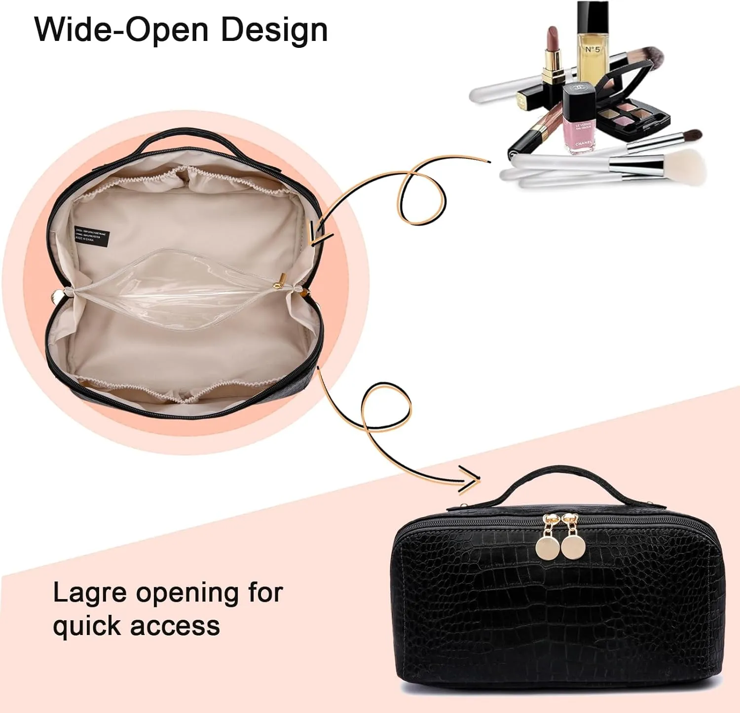 Large Capacity Travel Cosmetic Bag, Portable Leather Makeup Bags for Women, Travel Toiletry Bag Waterproof Leather Makeup Organizer Bag, Roomy Cosmetic Bag for Women and Girls