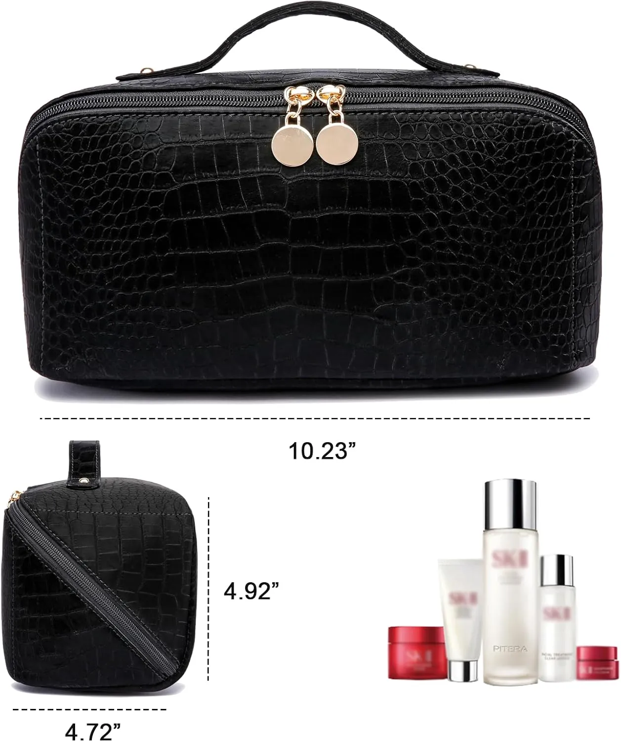 Large Capacity Travel Cosmetic Bag, Portable Leather Makeup Bags for Women, Travel Toiletry Bag Waterproof Leather Makeup Organizer Bag, Roomy Cosmetic Bag for Women and Girls