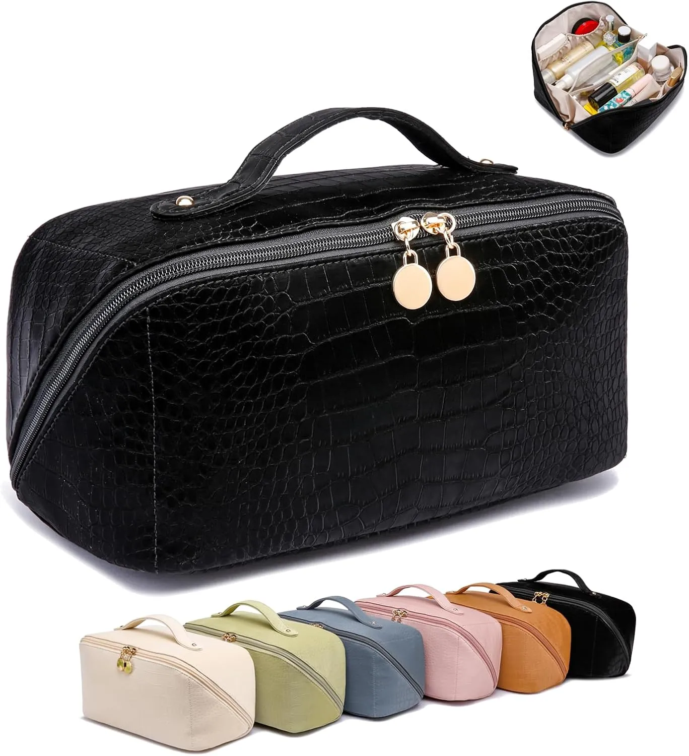 Large Capacity Travel Cosmetic Bag, Portable Leather Makeup Bags for Women, Travel Toiletry Bag Waterproof Leather Makeup Organizer Bag, Roomy Cosmetic Bag for Women and Girls