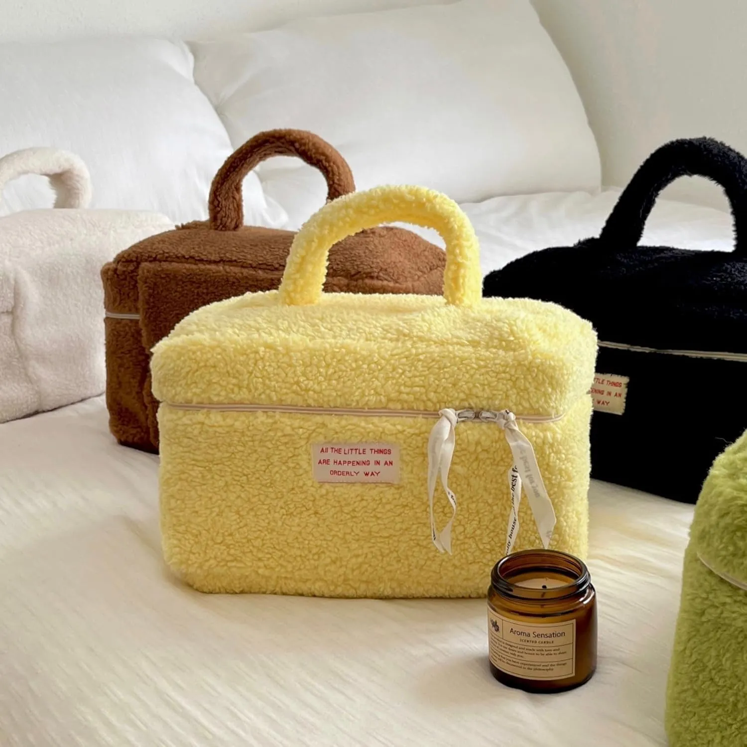 Large Cosmetic Bag Cute Makeup Bag Y2k Aesthetic Make Up Bag Fleece Cosmetic Bag for Purse (Large,Brown)