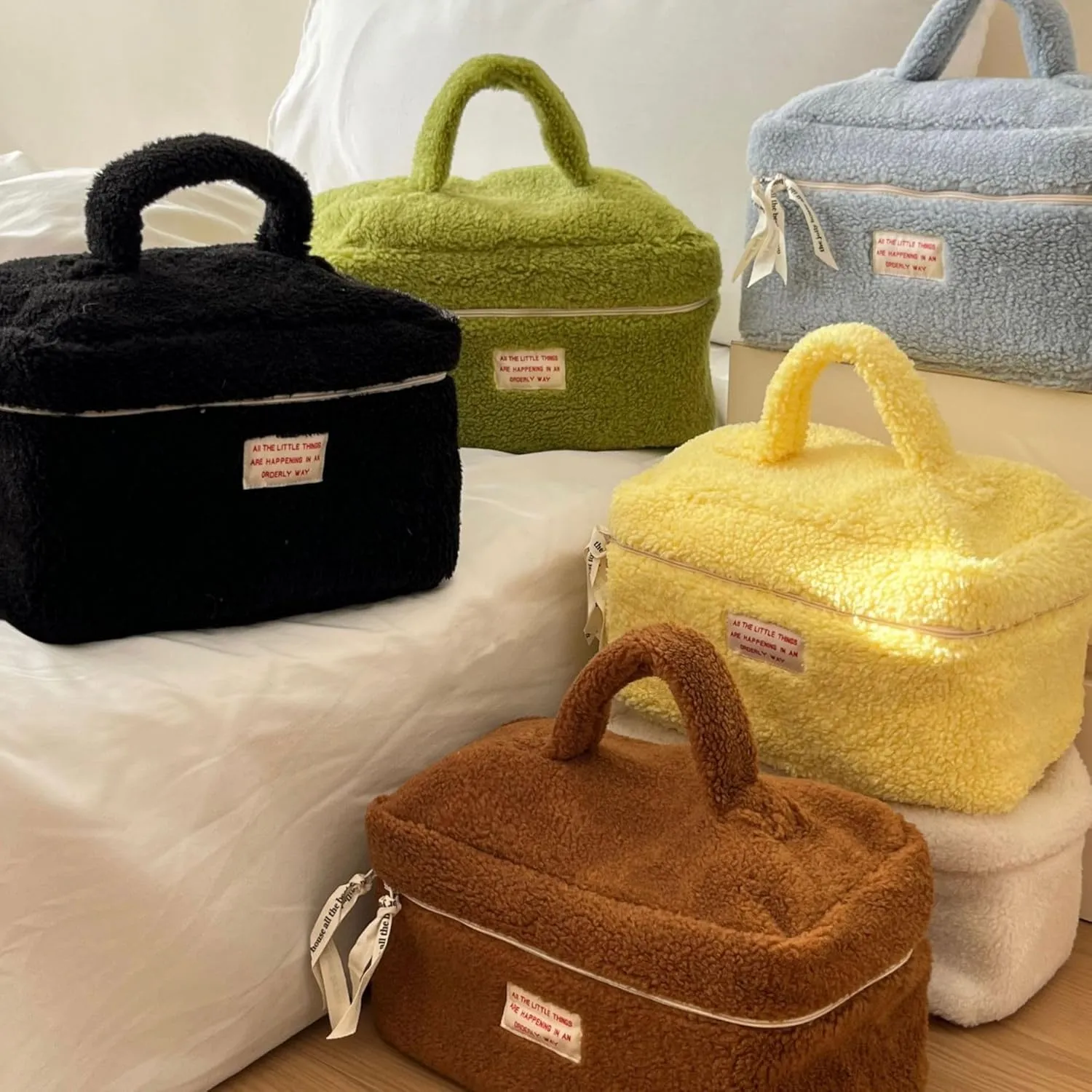 Large Cosmetic Bag Cute Makeup Bag Y2k Aesthetic Make Up Bag Fleece Cosmetic Bag for Purse (Large,Brown)