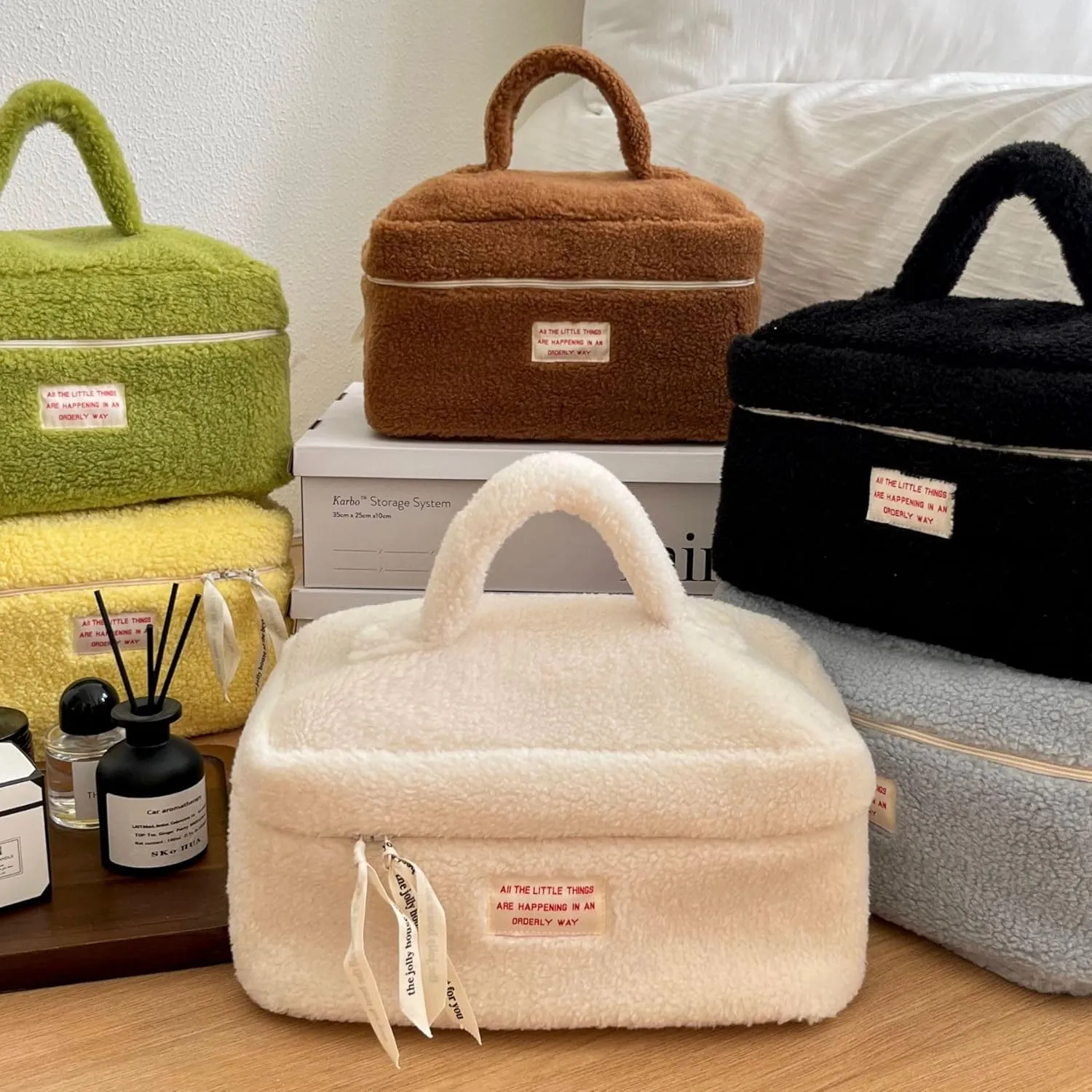 Large Cosmetic Bag Cute Makeup Bag Y2k Aesthetic Make Up Bag Fleece Cosmetic Bag for Purse (Large,Brown)
