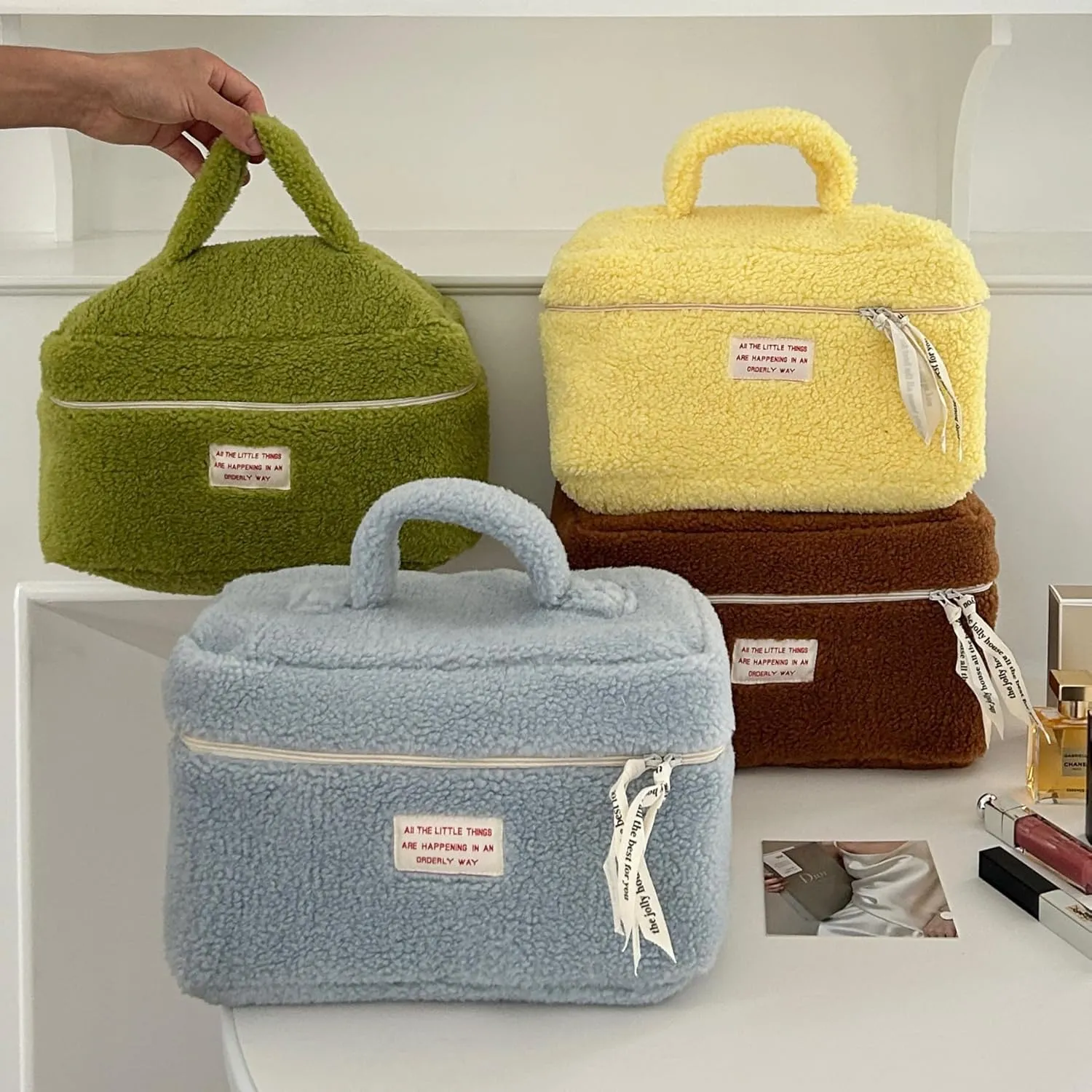 Large Cosmetic Bag Cute Makeup Bag Y2k Aesthetic Make Up Bag Fleece Cosmetic Bag for Purse (Large,Brown)