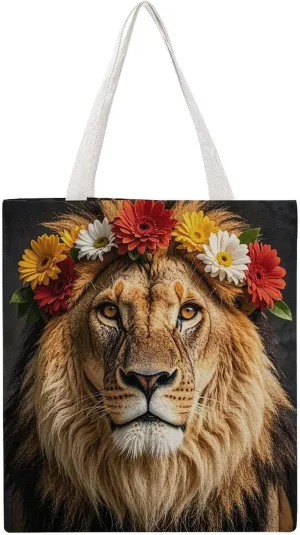 Large Grocery Bags Beach Tote African Lion Wearing A Flower on Its Head Shopping Bag for Women Shoulder Bag for Travel Work Handbag