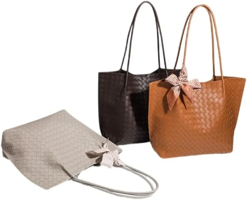 Large Leather Woven Tote Bag for Women - Braided Shoulder Handbag for Work, Shopping, Travel & Daily Use