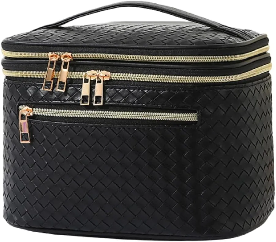 Large Makeup Bag for Women Double Layer Cosmetic Bag with Jewelry Organizer Compartment Waterproof Travel Toiletry Bag (A/Black)