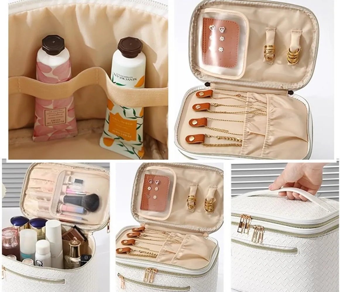 Large Makeup Bag for Women Double Layer Cosmetic Bag with Jewelry Organizer Compartment Waterproof Travel Toiletry Bag (A/Black)