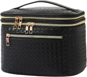 Large Makeup Bag for Women Double Layer Cosmetic Bag with Jewelry Organizer Compartment Waterproof Travel Toiletry Bag (A/Black)