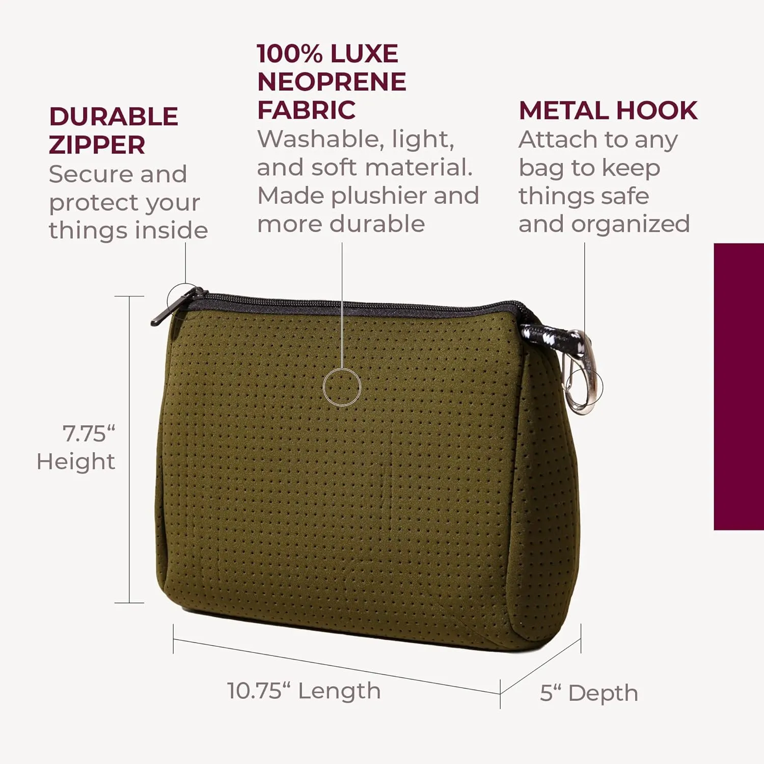 Large Makeup Bag with Zipper, Safari - Waterproof Neoprene Cosmetic Bag 7.7 x 10.75 x 5 inches