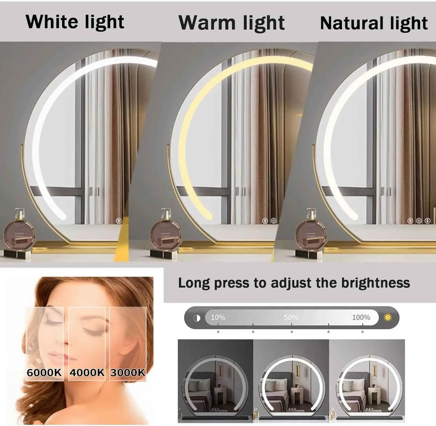 Large Vanity Mirror with Lights,Round LED Makeup Mirror,Dressing Table Makeup Mirror，Smart Touch Control 3 Colors Dimmable, 360° Rotation Gold,40cm