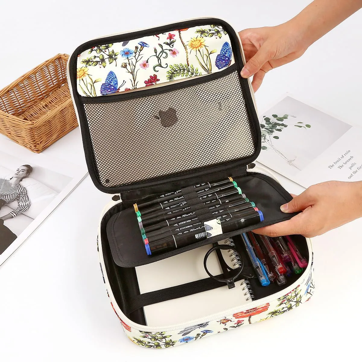 Lbxgap Multi-Functional Zipper Pencil ipad case with Handle and Zippered Pocket, Carrying Protective Bag with Bookmark and Book Fixing Straps for Travel Office