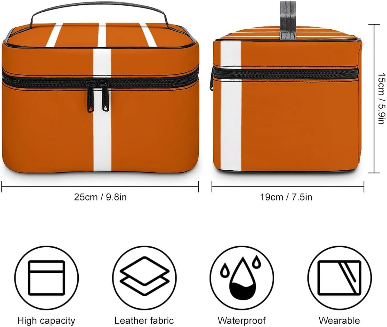 Leather Portable Makeup Bag, Burnt Orange White Stripes Travel Cosmetic Bag Makeup Organizer Case Large Capacity Zipper Toiletry Bag for Women