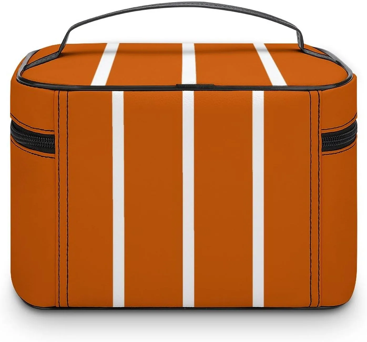 Leather Portable Makeup Bag, Burnt Orange White Stripes Travel Cosmetic Bag Makeup Organizer Case Large Capacity Zipper Toiletry Bag for Women