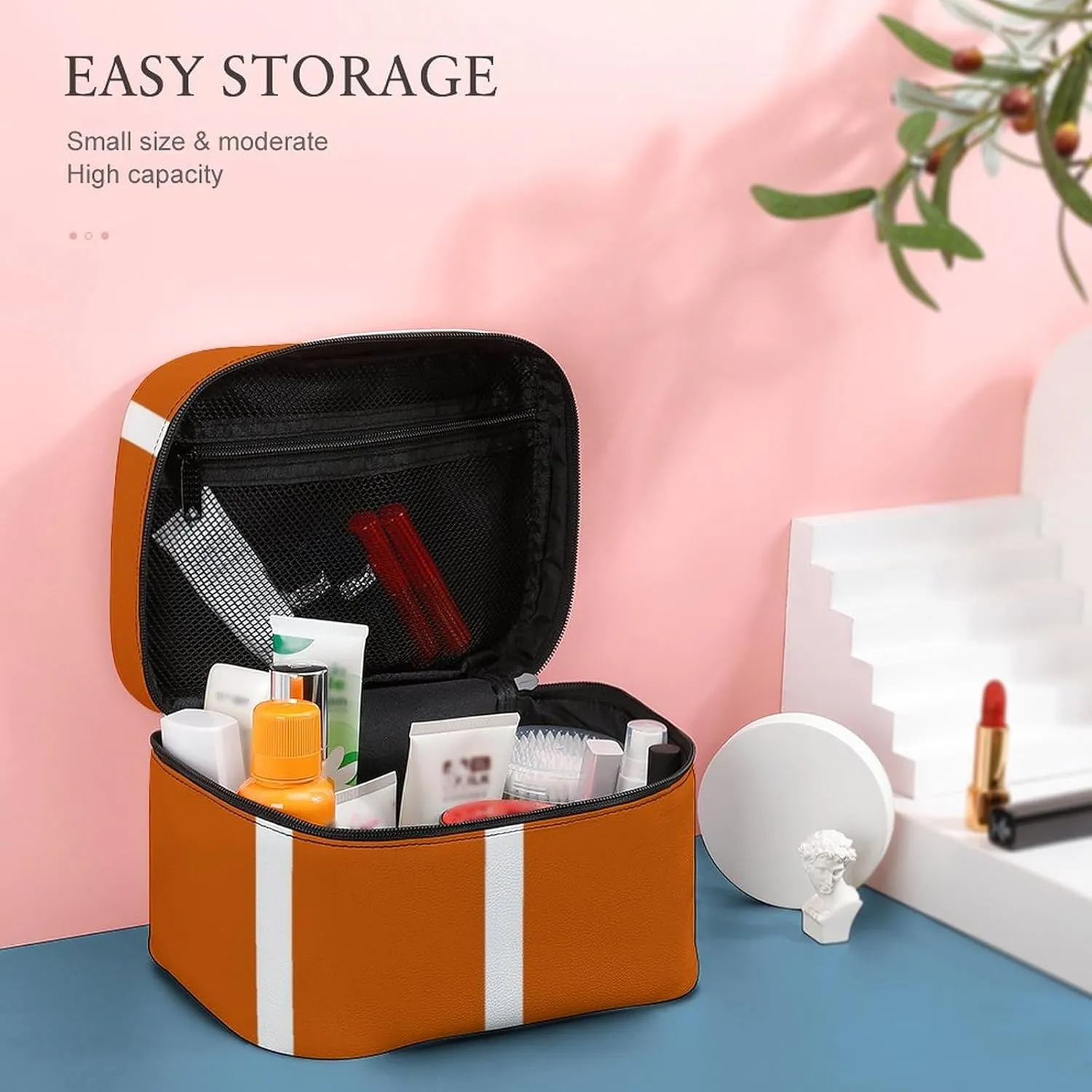 Leather Portable Makeup Bag, Burnt Orange White Stripes Travel Cosmetic Bag Makeup Organizer Case Large Capacity Zipper Toiletry Bag for Women