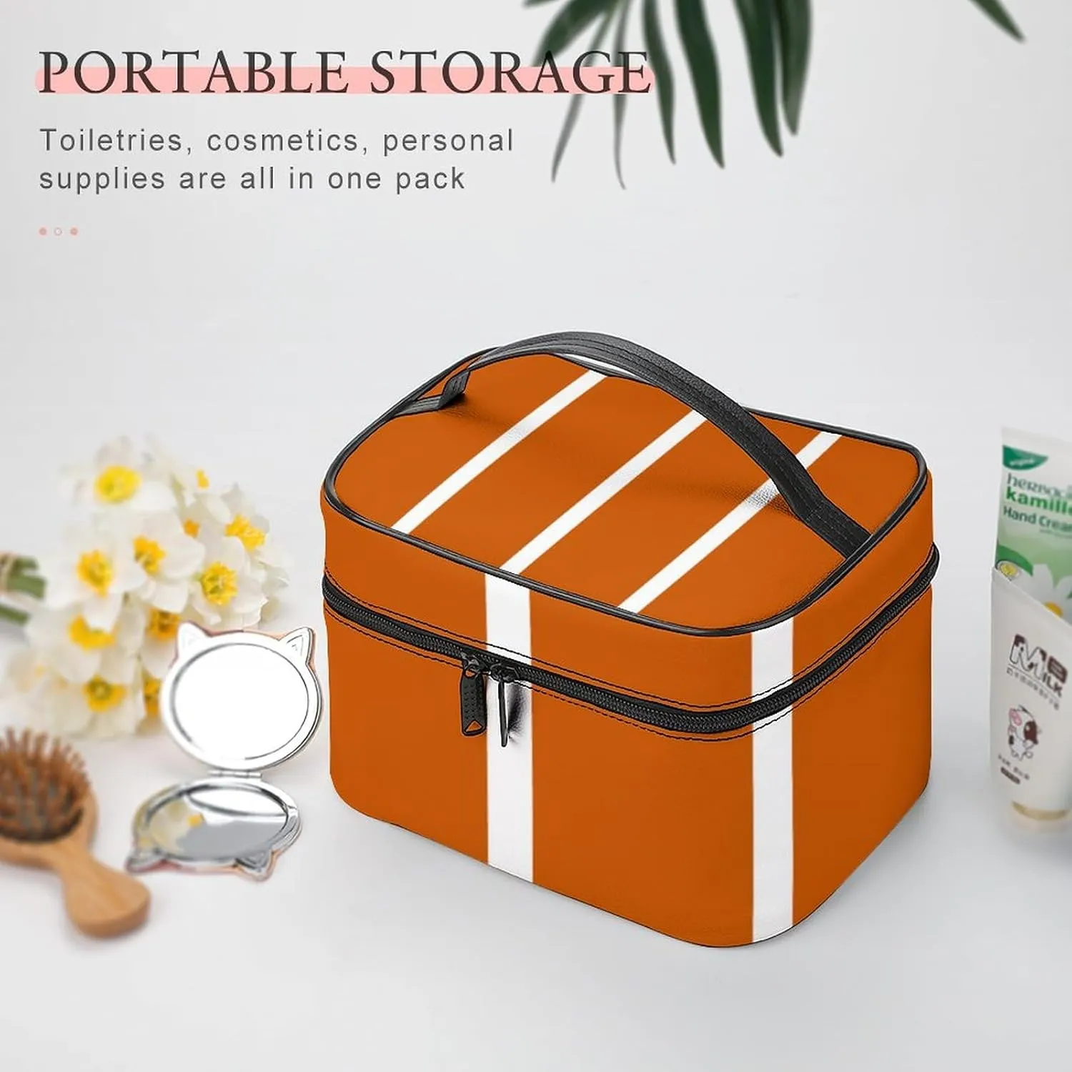 Leather Portable Makeup Bag, Burnt Orange White Stripes Travel Cosmetic Bag Makeup Organizer Case Large Capacity Zipper Toiletry Bag for Women