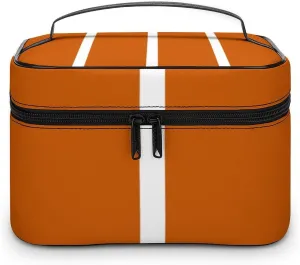 Leather Portable Makeup Bag, Burnt Orange White Stripes Travel Cosmetic Bag Makeup Organizer Case Large Capacity Zipper Toiletry Bag for Women