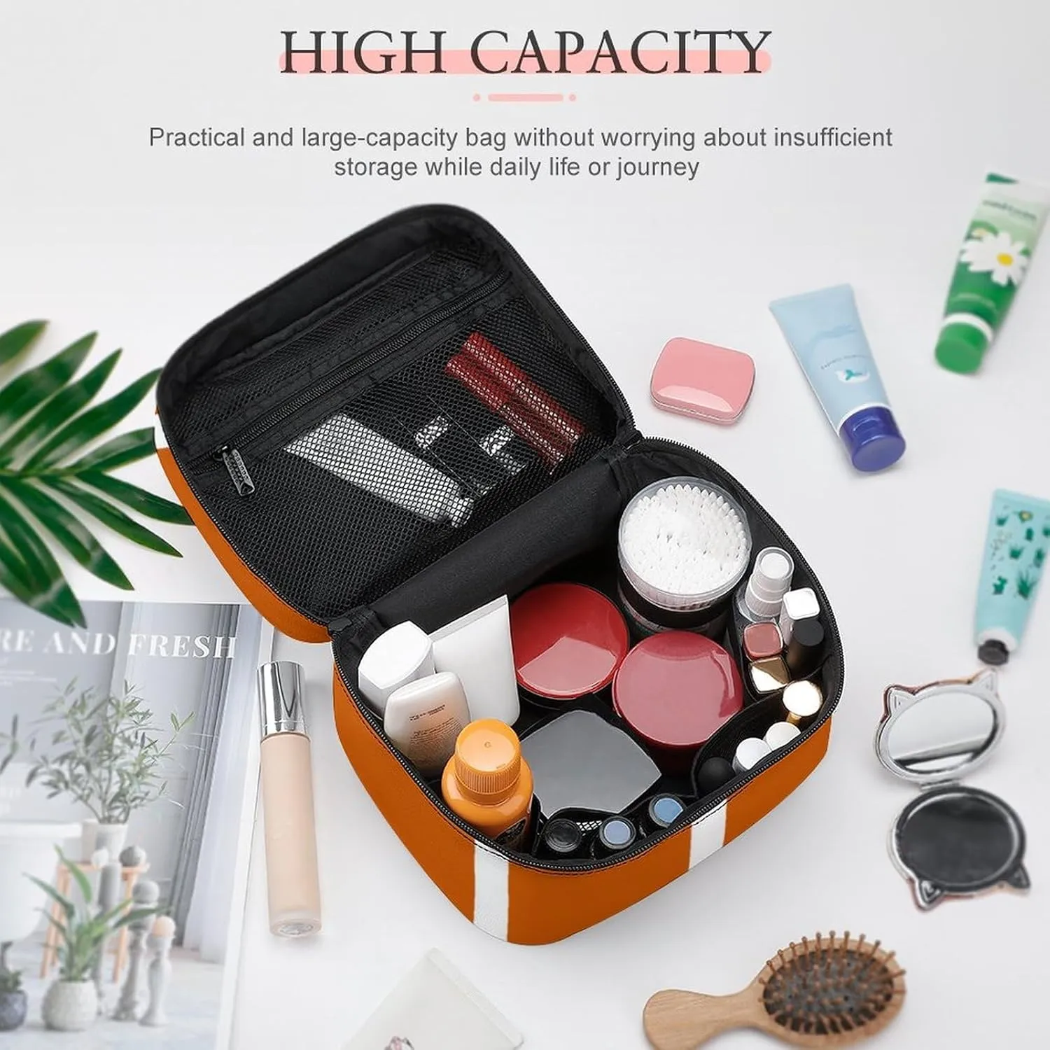Leather Portable Makeup Bag, Burnt Orange White Stripes Travel Cosmetic Bag Makeup Organizer Case Large Capacity Zipper Toiletry Bag for Women