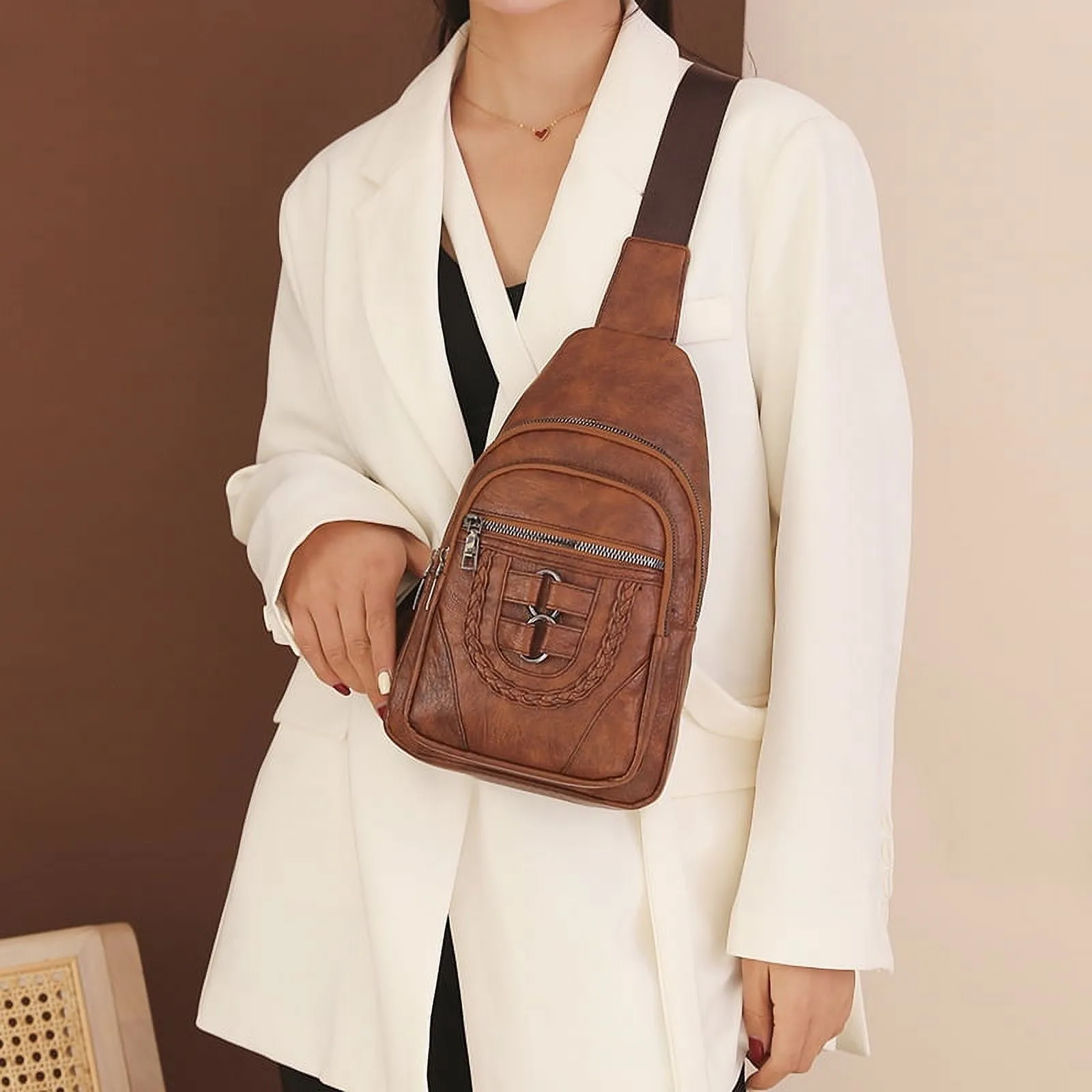 Leather Sling Bag Purse for Women Chest Crossbody Shoulder Bags Travel Daypack for Men and Women Brown Big