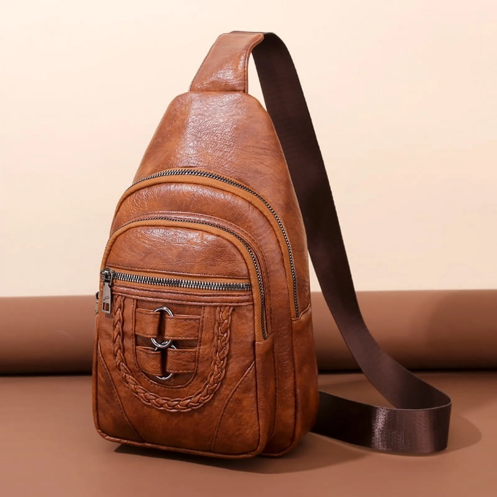Leather Sling Bag Purse for Women Chest Crossbody Shoulder Bags Travel Daypack for Men and Women Brown Big