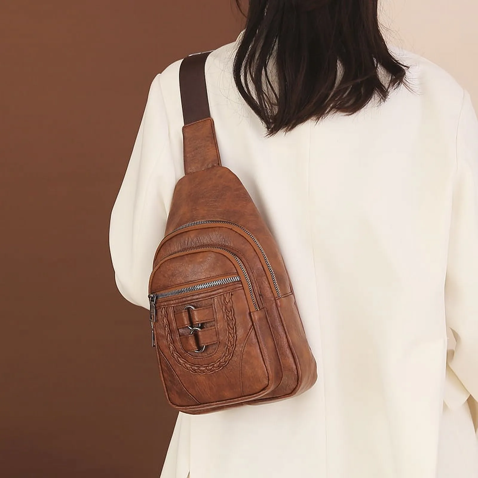 Leather Sling Bag Purse for Women Chest Crossbody Shoulder Bags Travel Daypack for Men and Women Brown Big