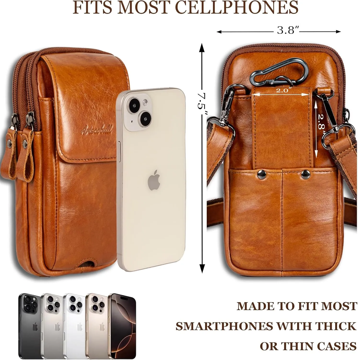 Leather Vertical Men Cell Phone Holster, Leather Cell Phone Holster, Vertical Belt Clip Cellphone Pouch, Dual Pocket Universal Smartphone Pouch Bag (Brown)