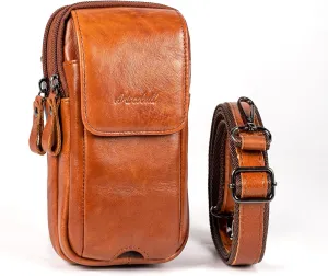Leather Vertical Men Cell Phone Holster, Leather Cell Phone Holster, Vertical Belt Clip Cellphone Pouch, Dual Pocket Universal Smartphone Pouch Bag (Brown)