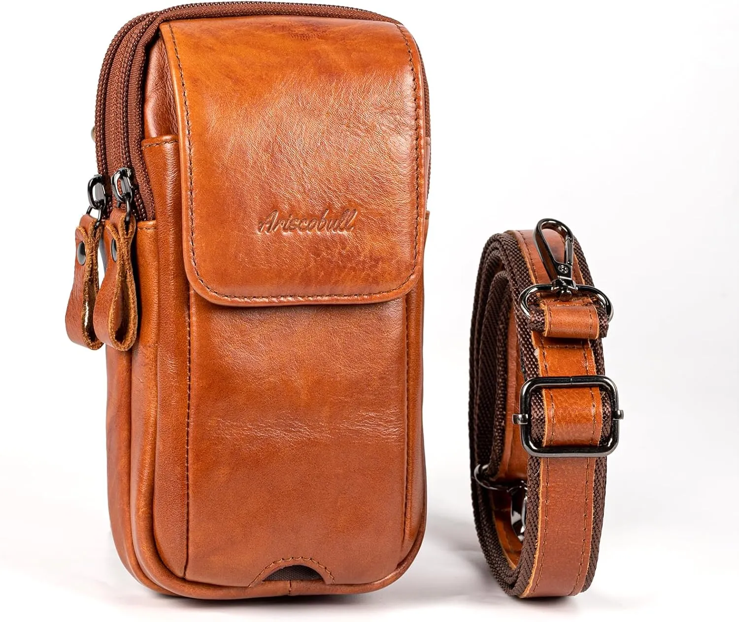 Leather Vertical Men Cell Phone Holster, Leather Cell Phone Holster, Vertical Belt Clip Cellphone Pouch, Dual Pocket Universal Smartphone Pouch Bag (Brown)