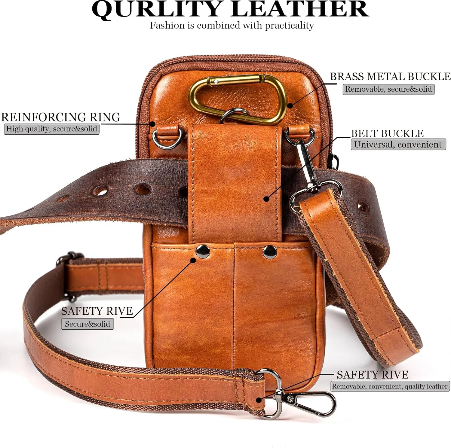 Leather Vertical Men Cell Phone Holster, Leather Cell Phone Holster, Vertical Belt Clip Cellphone Pouch, Dual Pocket Universal Smartphone Pouch Bag (Brown)