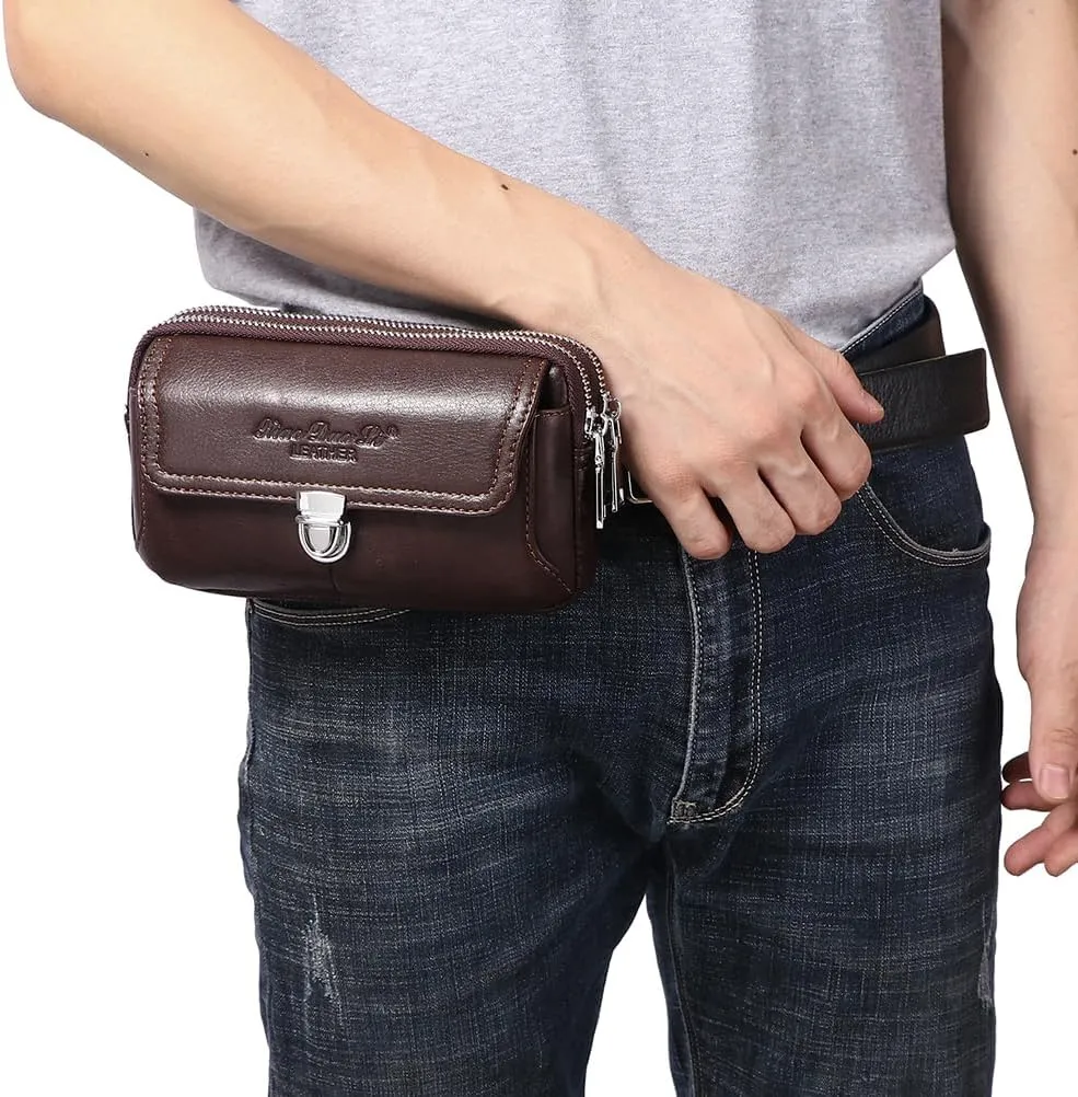 Leather Waist Belt Bag for Men Classic Side Fanny Pack Hip Bum Purse Smartphone Pouch for Travel Casual Formal Model 1-Horizontal Coffee