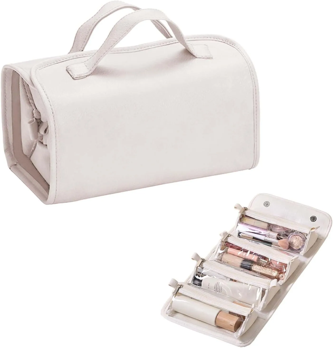 Leather Waterproof Cosmetic Bag 4 Detachable Clear Multi Compartment Hanging Makeup Bag Travel Toiletry Bag Removable Partitions and Large Capacity Folding Makeup Bag Roll Up Makeup Bag 4 in 1(White)