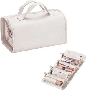 Leather Waterproof Cosmetic Bag 4 Detachable Clear Multi Compartment Hanging Makeup Bag Travel Toiletry Bag Removable Partitions and Large Capacity Folding Makeup Bag Roll Up Makeup Bag 4 in 1(White)