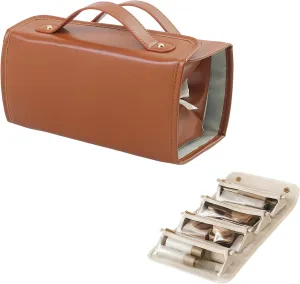 Leather Waterproof Cosmetic Bag, Travel Toiletry Bag 4 Detachable Clear Multi Compartment Hanging Makeup Bag Foldable Cosmetic Bag (Brown)