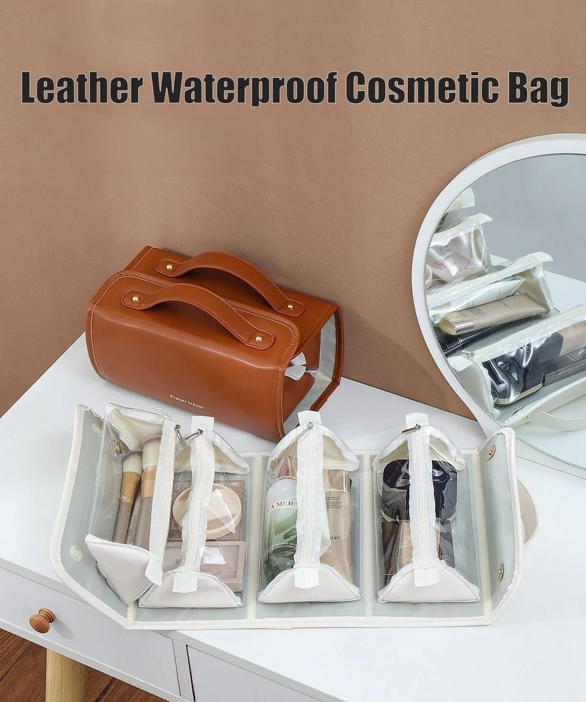 Leather Waterproof Cosmetic Bag, Travel Toiletry Bag 4 Detachable Clear Multi Compartment Hanging Makeup Bag Foldable Cosmetic Bag (Brown)