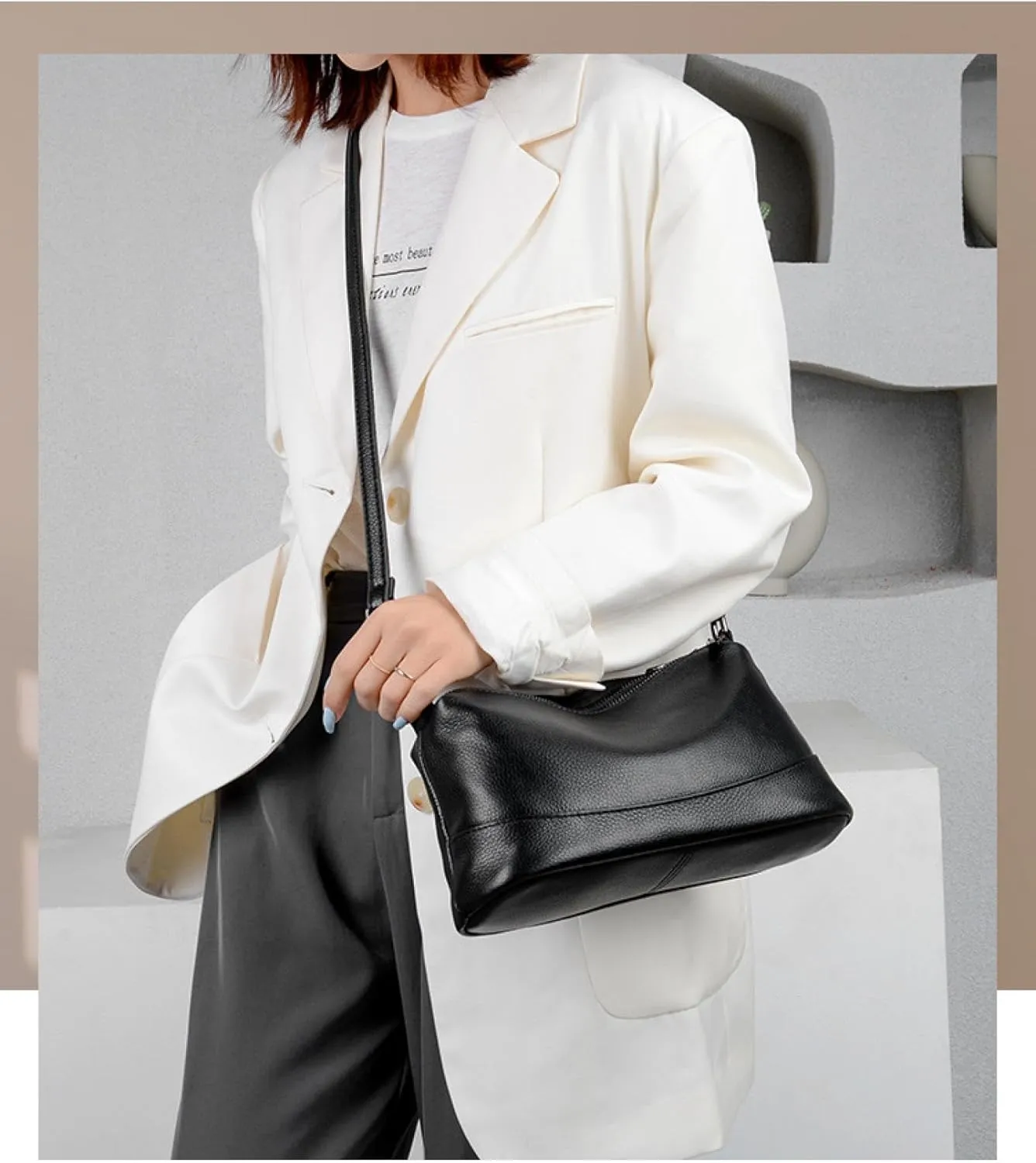 Leather Women's Bag, Multi-compartment Shoulder Bag, Solid Color, Top Layer Cowhide Crossbody Bag