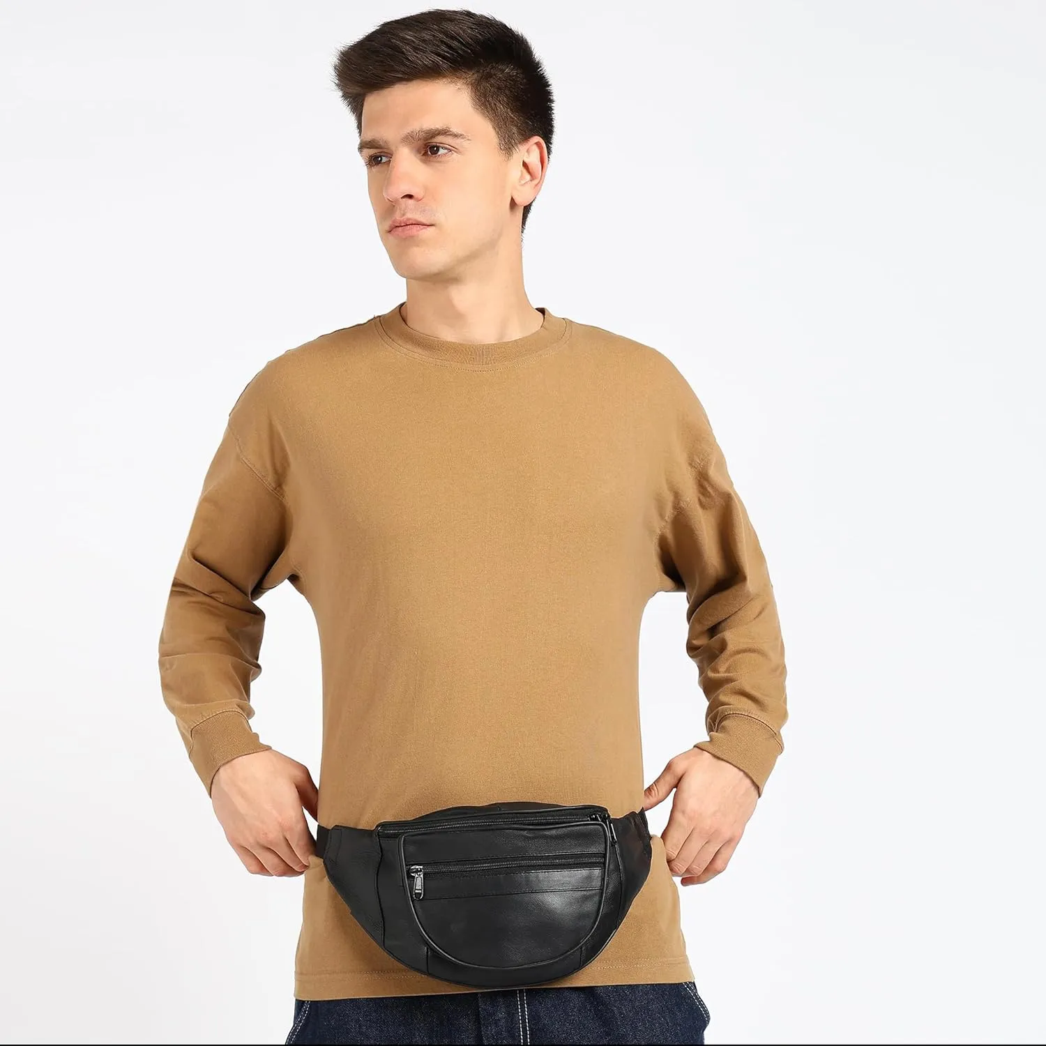 Leatherboss Genuine Leather Designer Travel Fanny Pack Holder Bag with Waist Belt, Black
